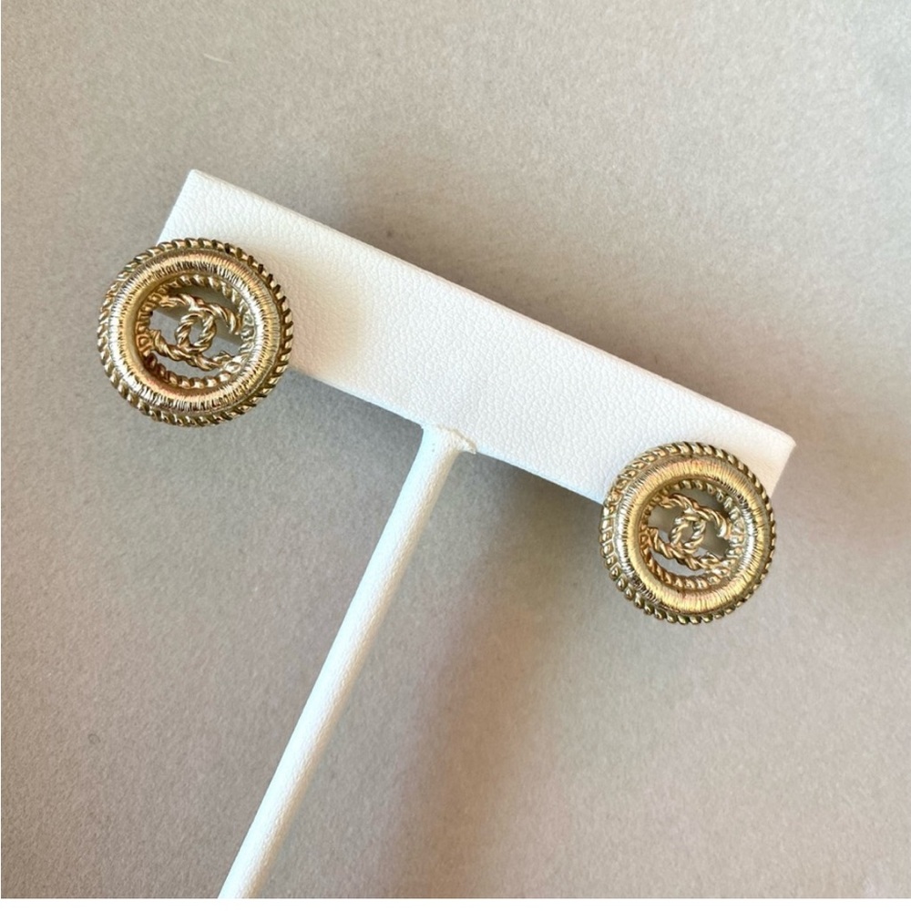 CHANEL Gold Tone Round CC Textured Twisted Pierced Earrings